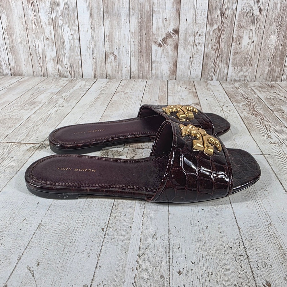 Tory Burch Ines Slide Sandals Dark Cherry Croc Embossed Leather Gold Logo 8M